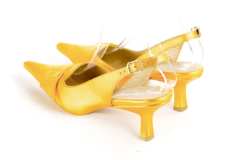 Yellow women's slingback shoes. Pointed toe. Medium spool heels. Rear view - Florence KOOIJMAN